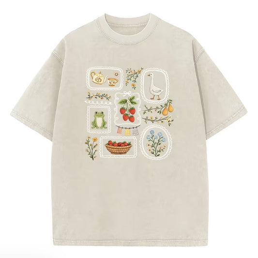 Cute Frog Goose Strawberry Garden Stamp Vintage Washed Graphic T-Shirt/Sweatshirt/Hoodie
