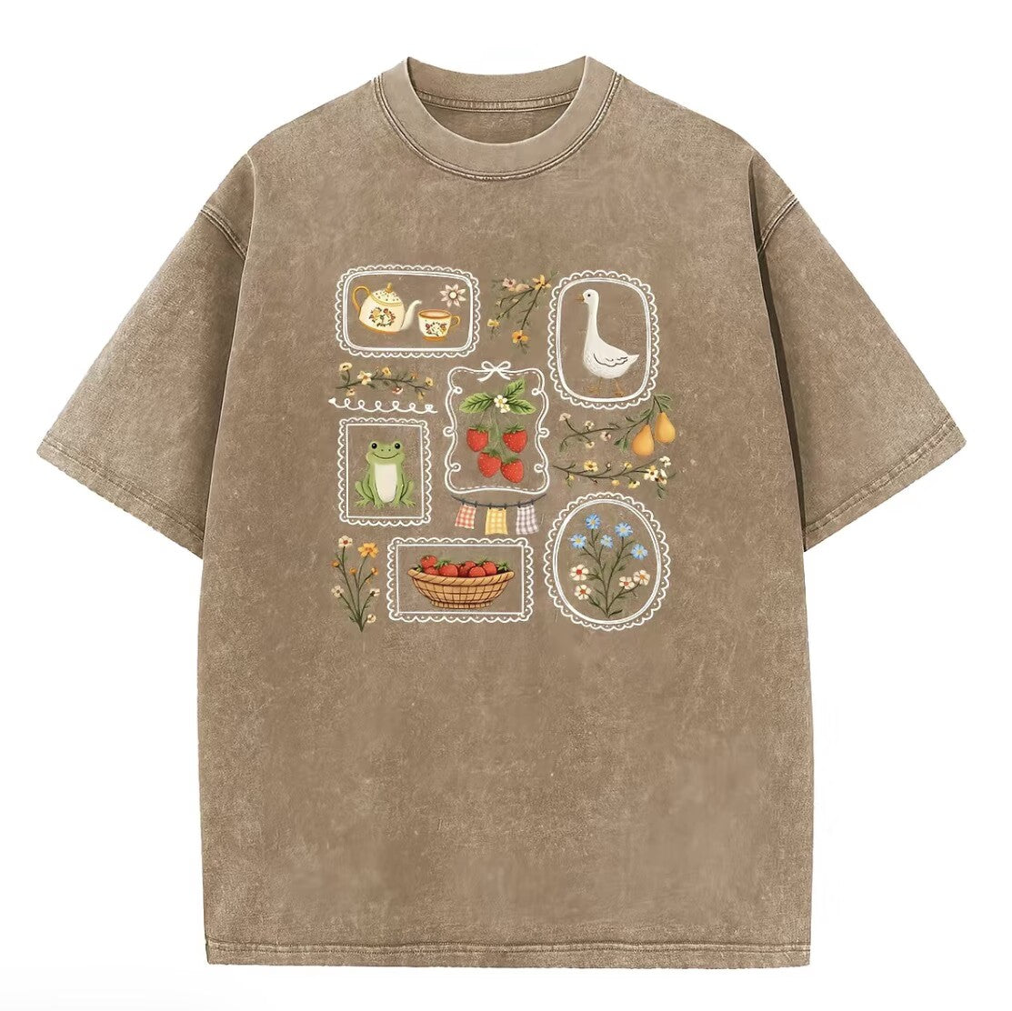 Cute Frog Goose Strawberry Garden Stamp Vintage Washed Graphic T-Shirt/Sweatshirt/Hoodie