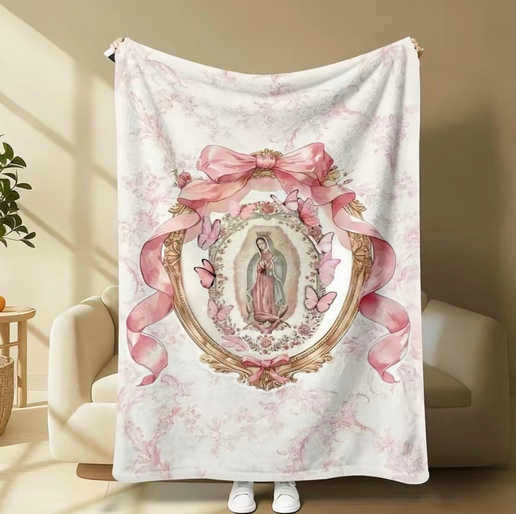 Our Lady Of Guadalupe Pink Bow Frame Flannel Blanket