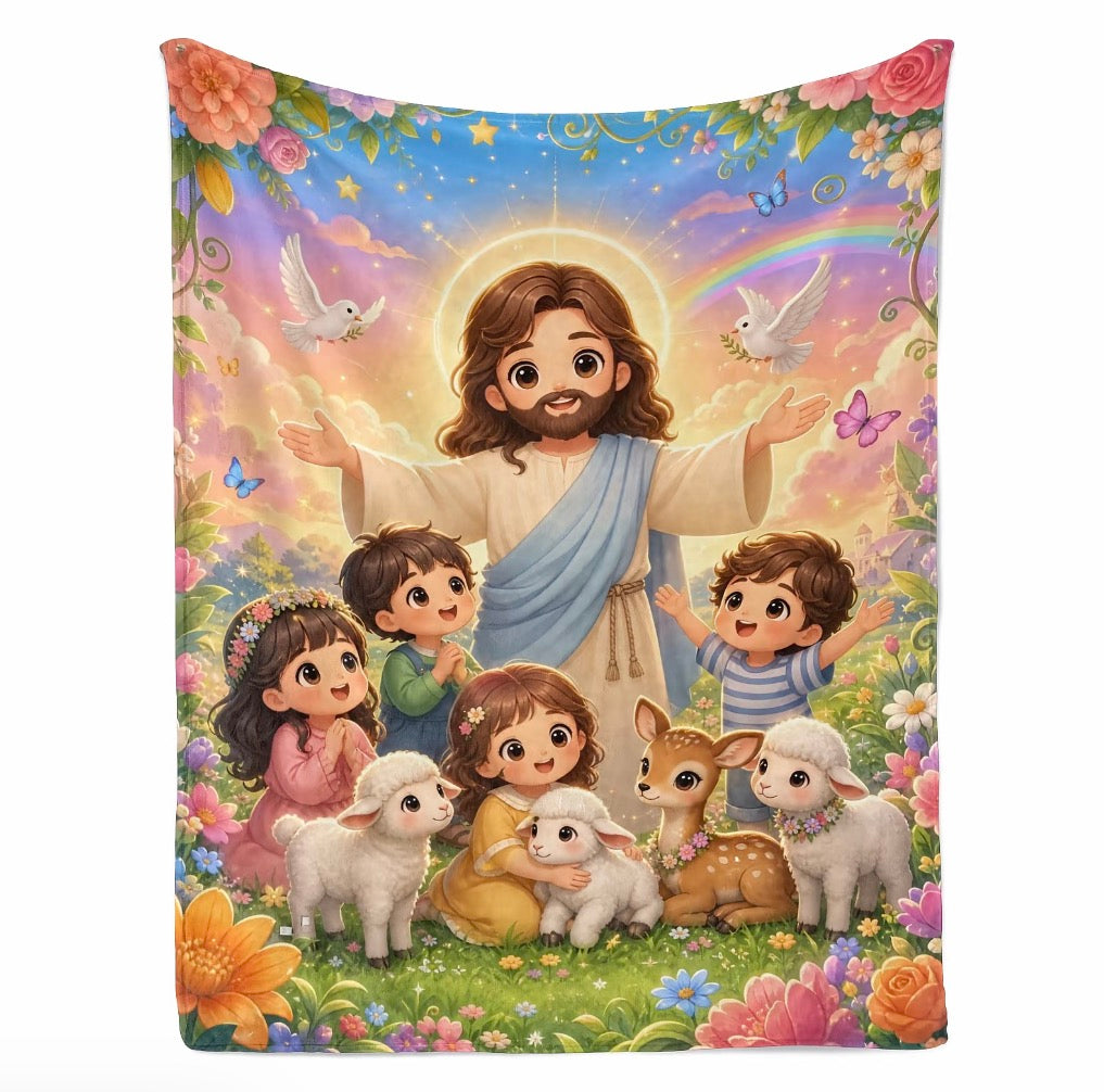 Jesus Cartoon Lamb Flannel Blanket