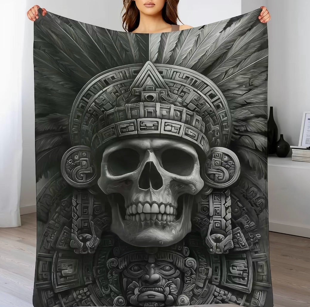 Aztec Skull & Maya Feathered Serpent Flannel Blanket