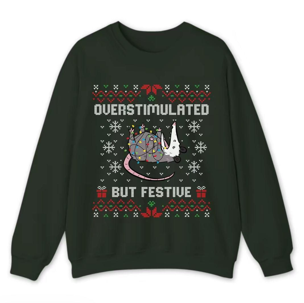 Funny Opossum Christmas Overstimulated But Festive Ugly Holiday T-Shirt/Sweatshirt/Hoodie