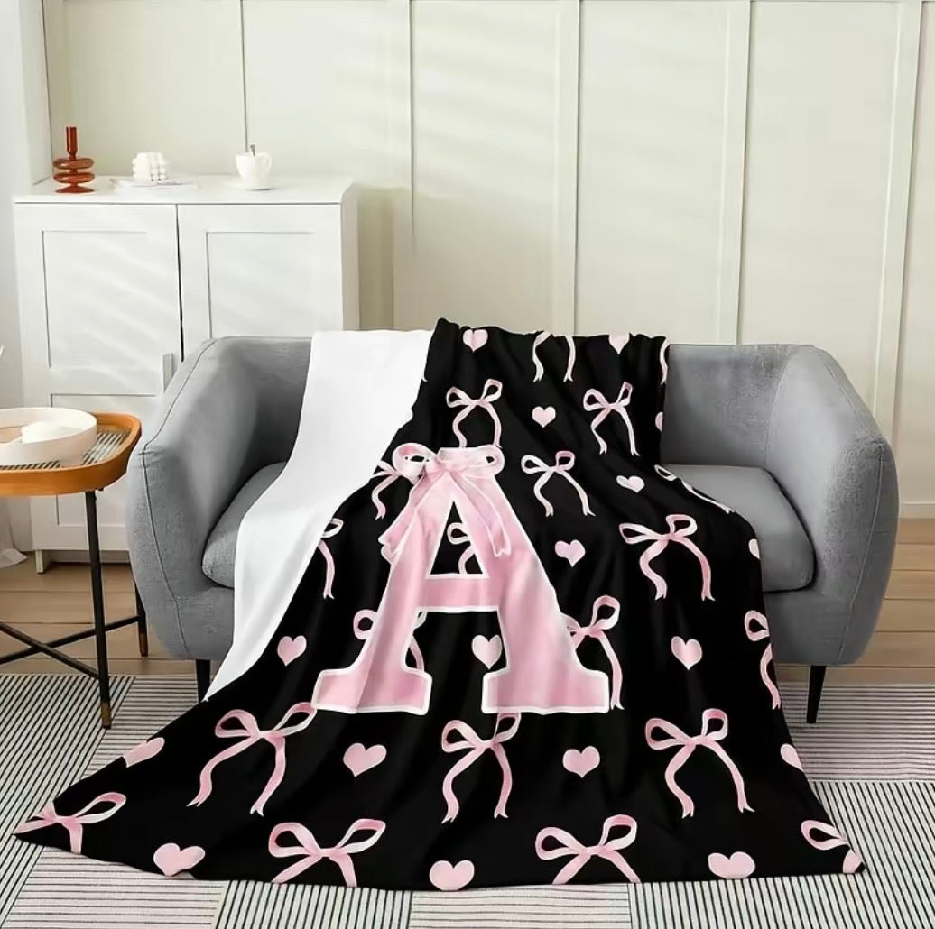 Initial Letter A-Z Black Pink Alphabet Flannel Blanket