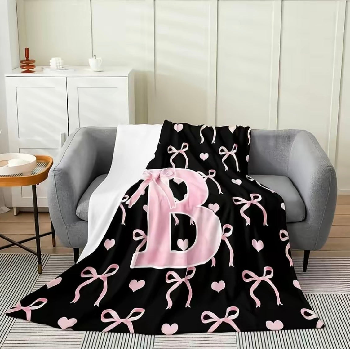 Initial Letter A-Z Black Pink Alphabet Flannel Blanket