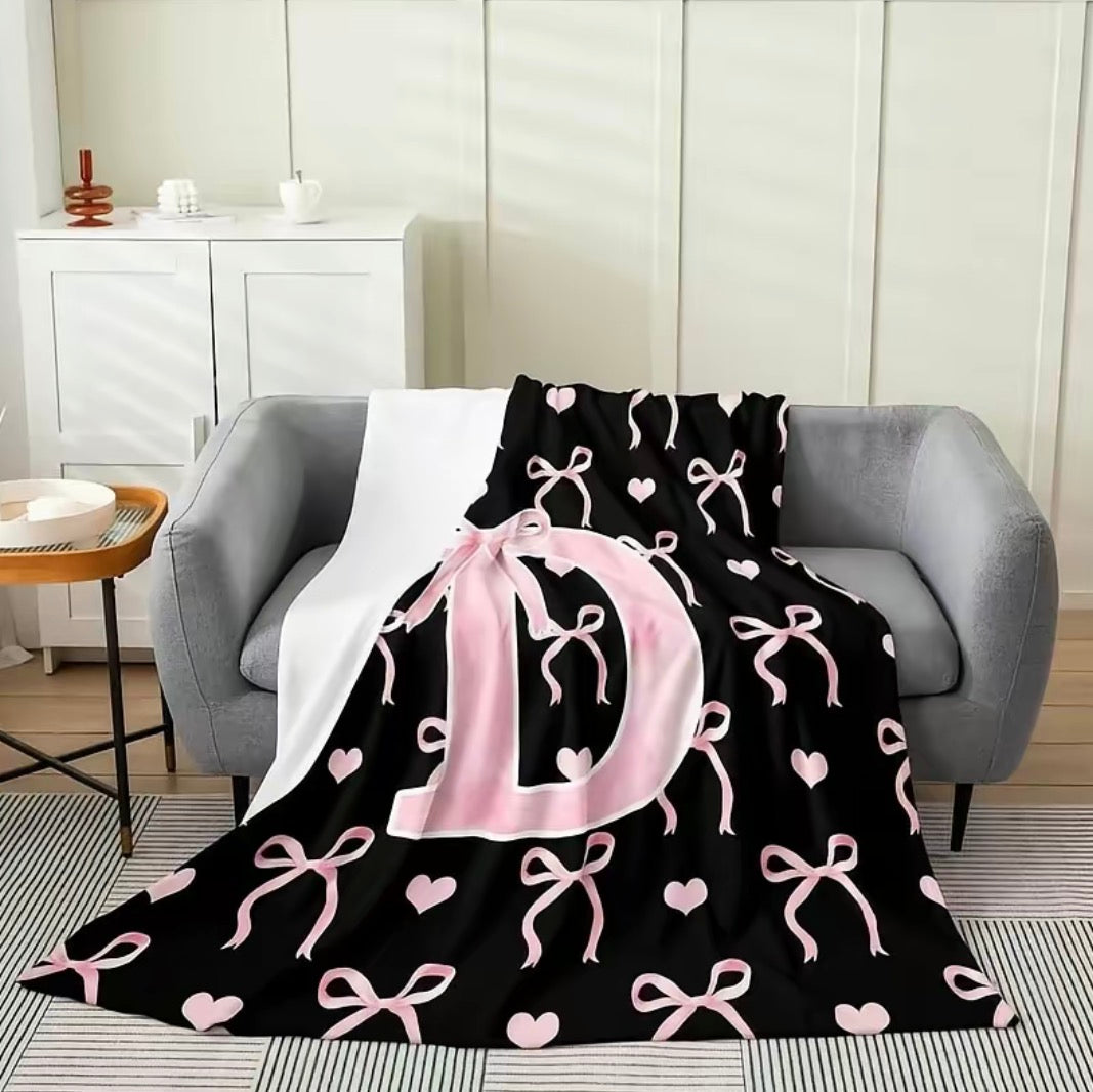Initial Letter A-Z Black Pink Alphabet Flannel Blanket