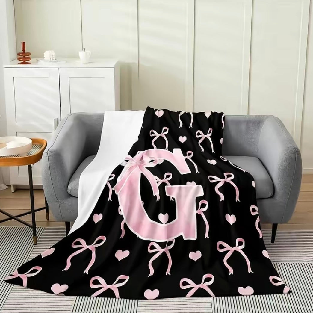 Initial Letter A-Z Black Pink Alphabet Flannel Blanket