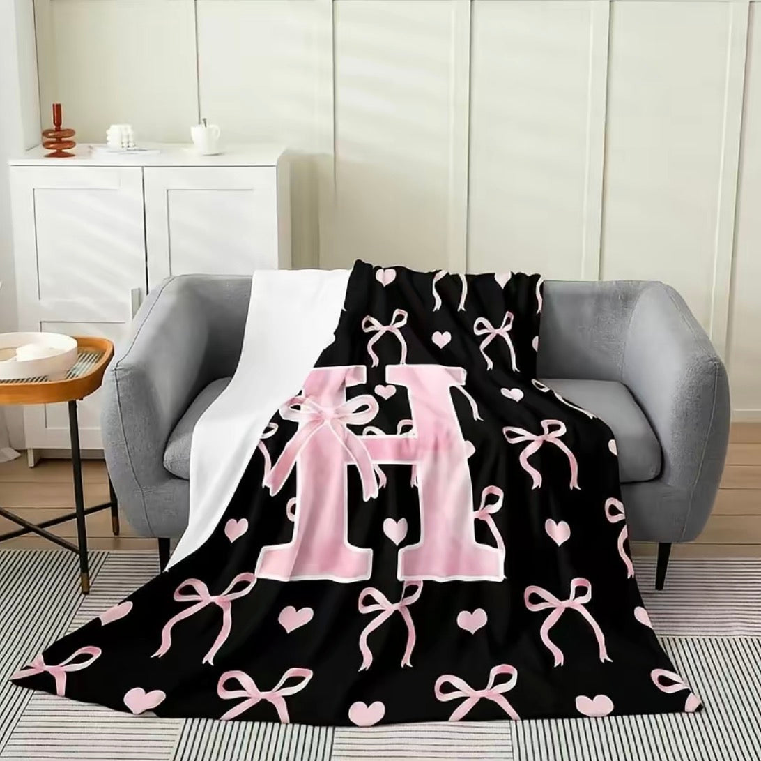 Initial Letter A-Z Black Pink Alphabet Flannel Blanket