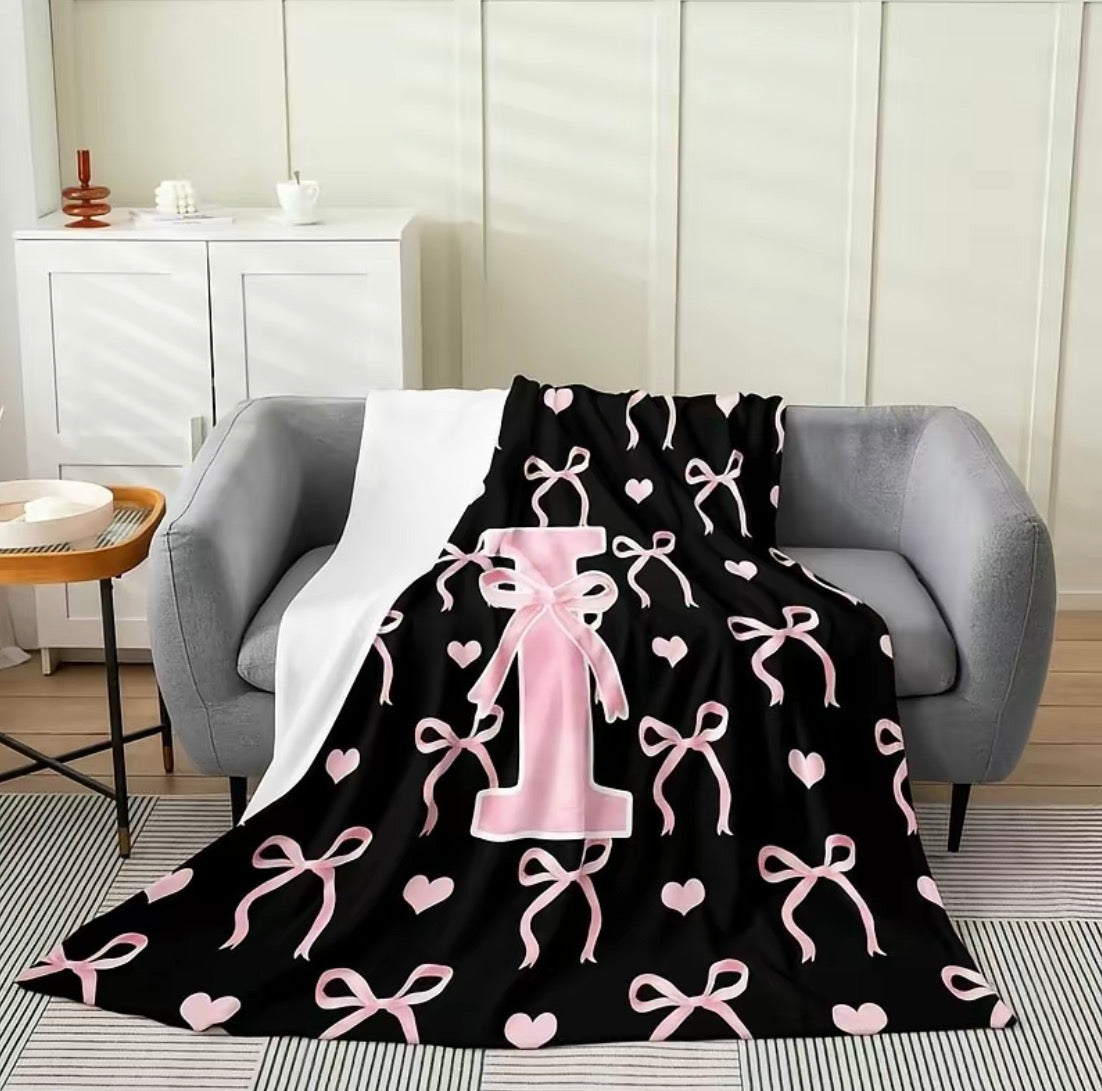 Initial Letter A-Z Black Pink Alphabet Flannel Blanket