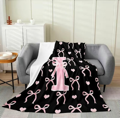 Initial Letter A-Z Black Pink Alphabet Flannel Blanket