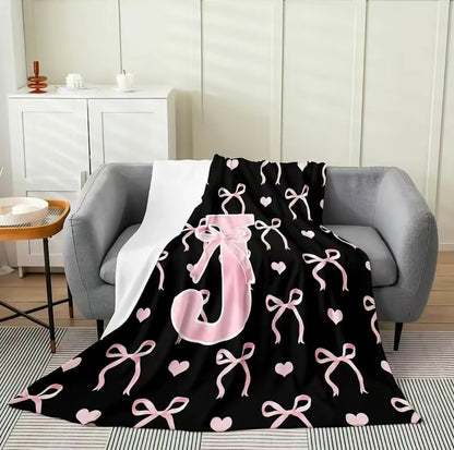 Initial Letter A-Z Black Pink Alphabet Flannel Blanket