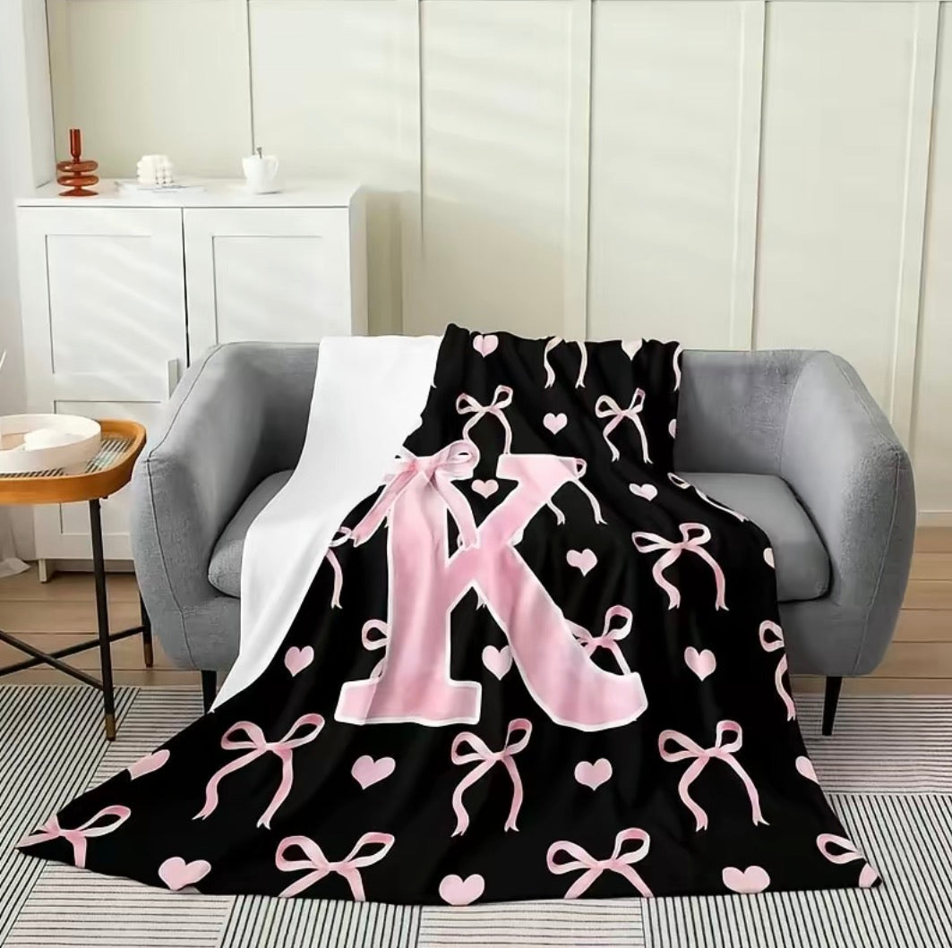 Initial Letter A-Z Black Pink Alphabet Flannel Blanket