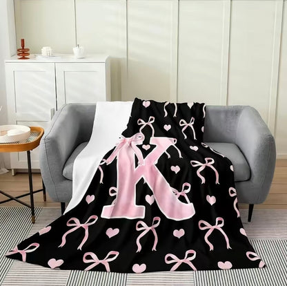 Initial Letter A-Z Black Pink Alphabet Flannel Blanket