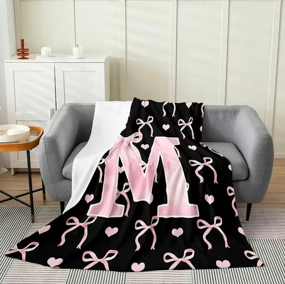 Initial Letter A-Z Black Pink Alphabet Flannel Blanket