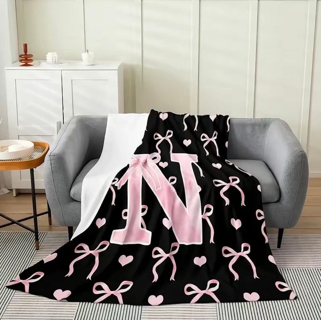 Initial Letter A-Z Black Pink Alphabet Flannel Blanket