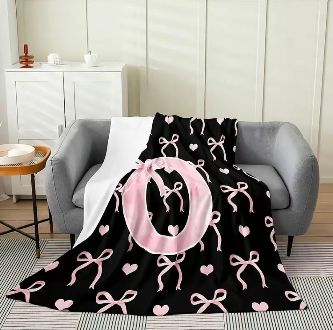 Initial Letter A-Z Black Pink Alphabet Flannel Blanket