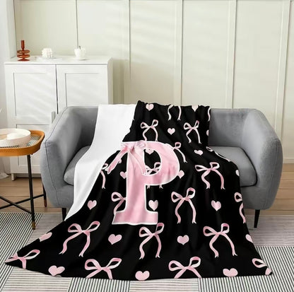 Initial Letter A-Z Black Pink Alphabet Flannel Blanket