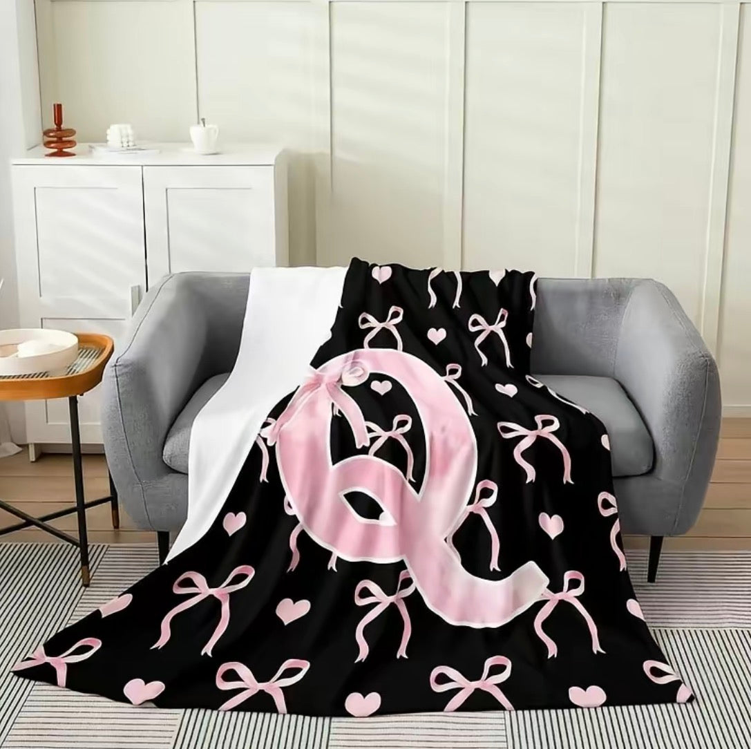 Initial Letter A-Z Black Pink Alphabet Flannel Blanket