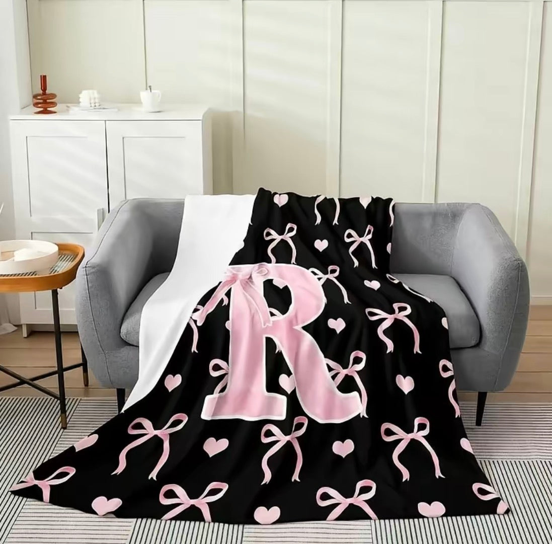 Initial Letter A-Z Black Pink Alphabet Flannel Blanket