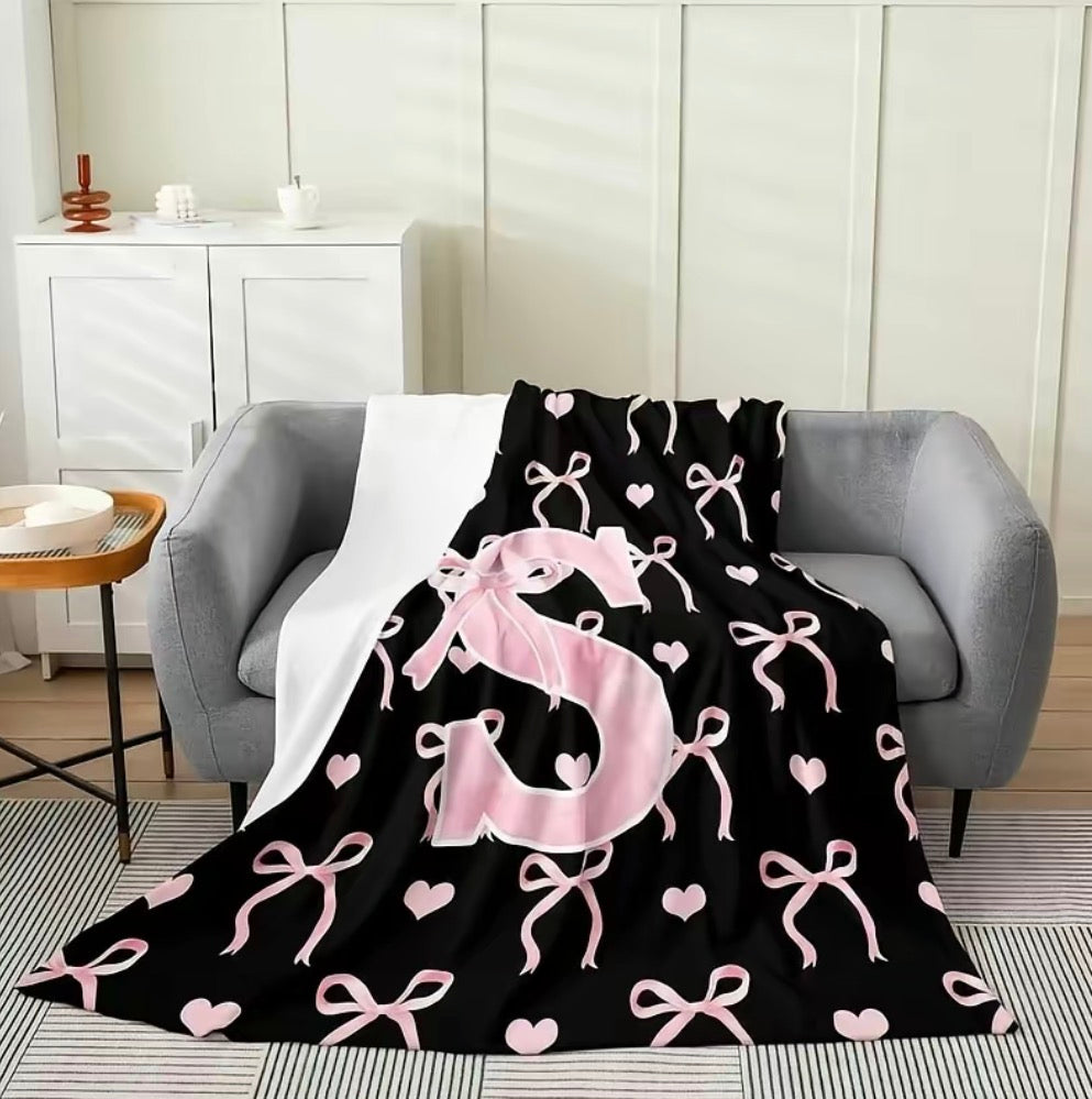 Initial Letter A-Z Black Pink Alphabet Flannel Blanket