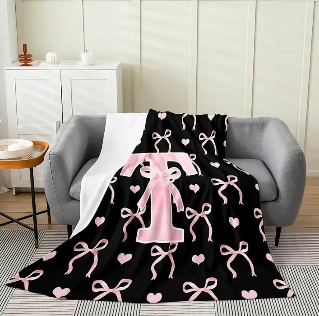 Initial Letter A-Z Black Pink Alphabet Flannel Blanket