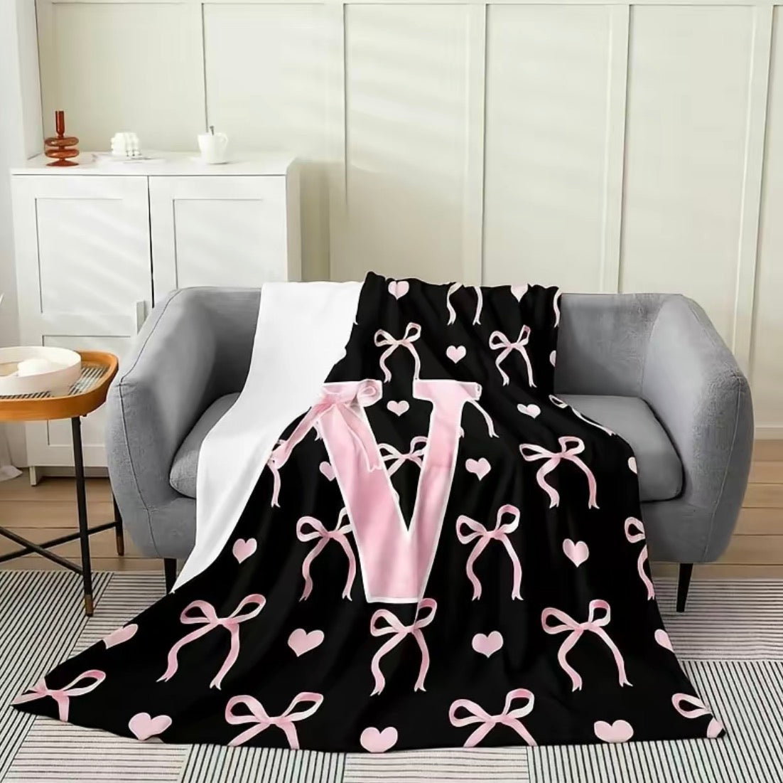 Initial Letter A-Z Black Pink Alphabet Flannel Blanket