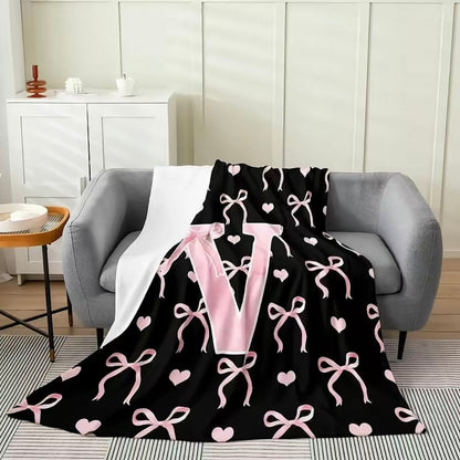 Initial Letter A-Z Black Pink Alphabet Flannel Blanket