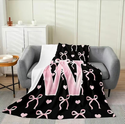 Initial Letter A-Z Black Pink Alphabet Flannel Blanket