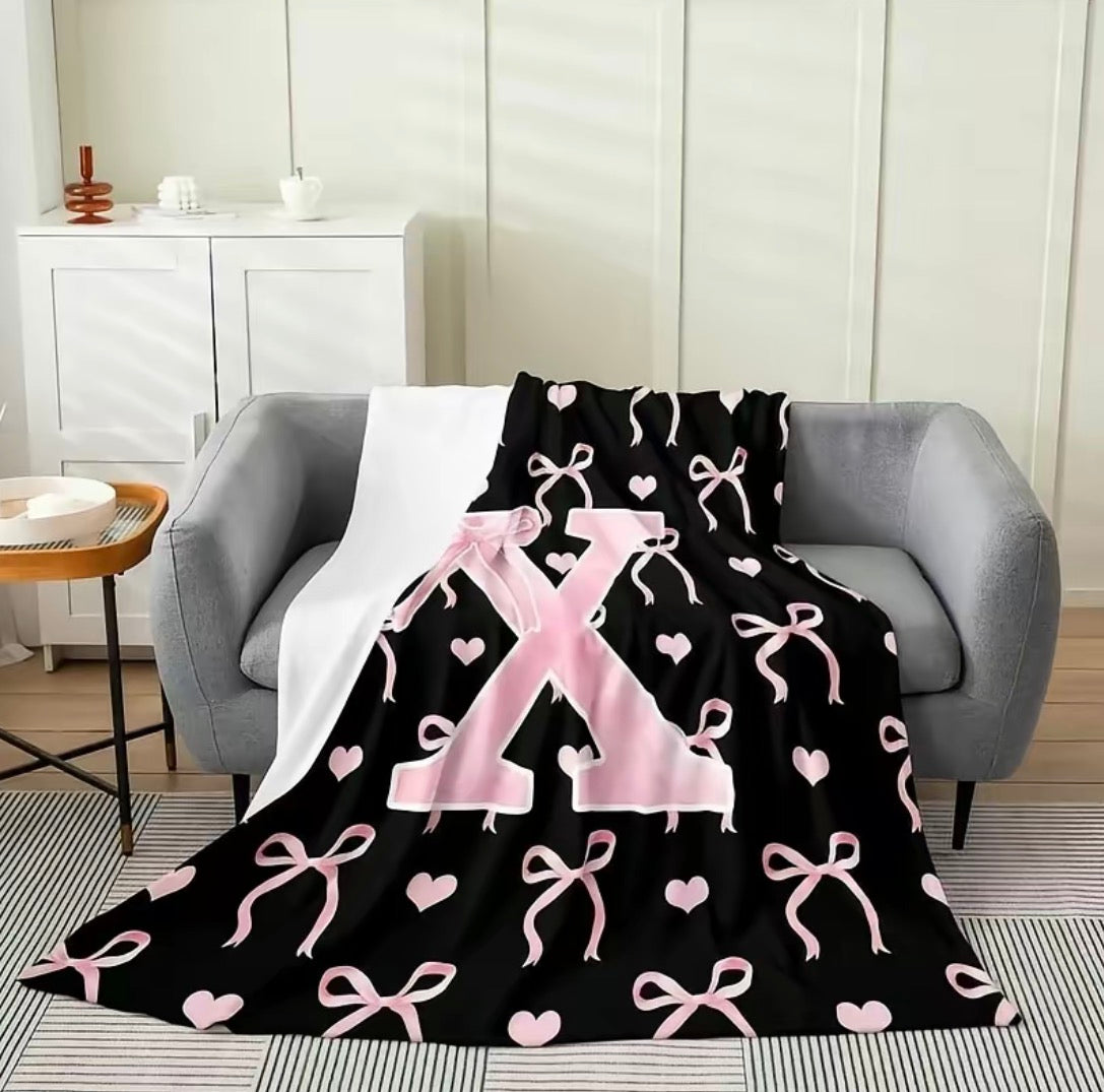 Initial Letter A-Z Black Pink Alphabet Flannel Blanket