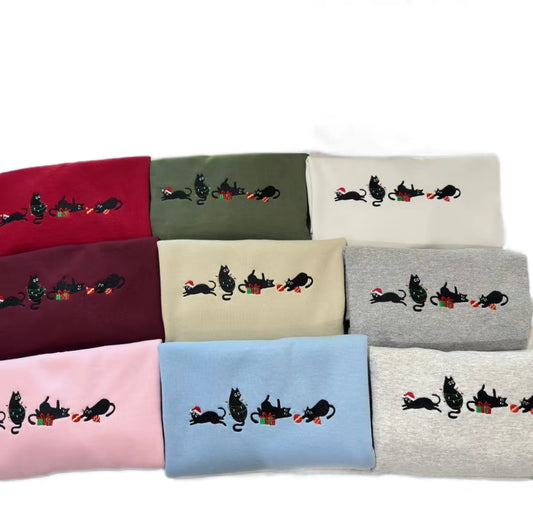 Black Cats Meowy Christmas Embroidered T-Shirt/Sweatshirt/Hoodie