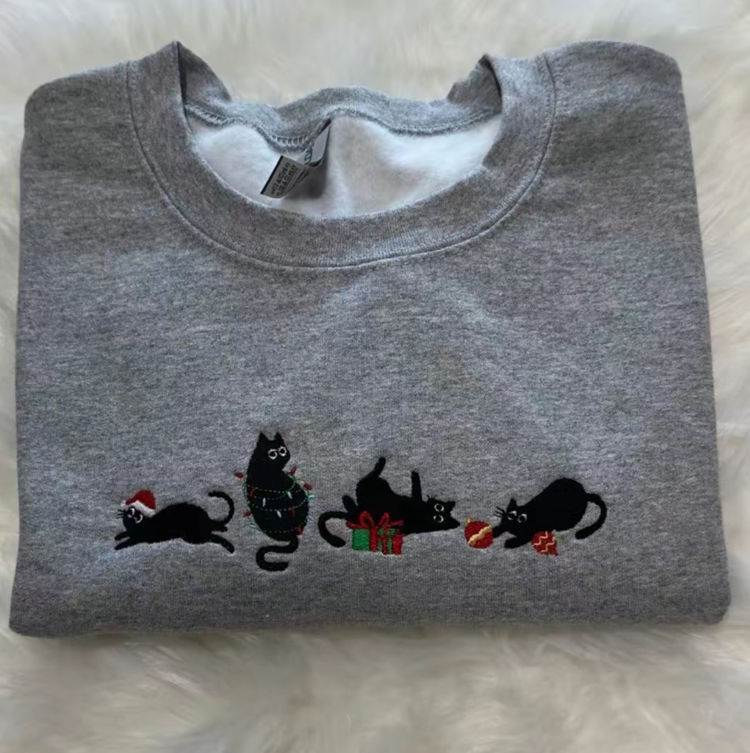 Black Cats Meowy Christmas Embroidered T-Shirt/Sweatshirt/Hoodie