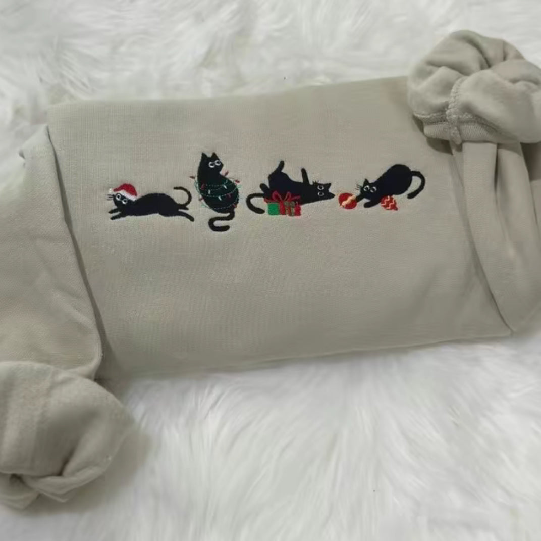 Black Cats Meowy Christmas Embroidered T-Shirt/Sweatshirt/Hoodie