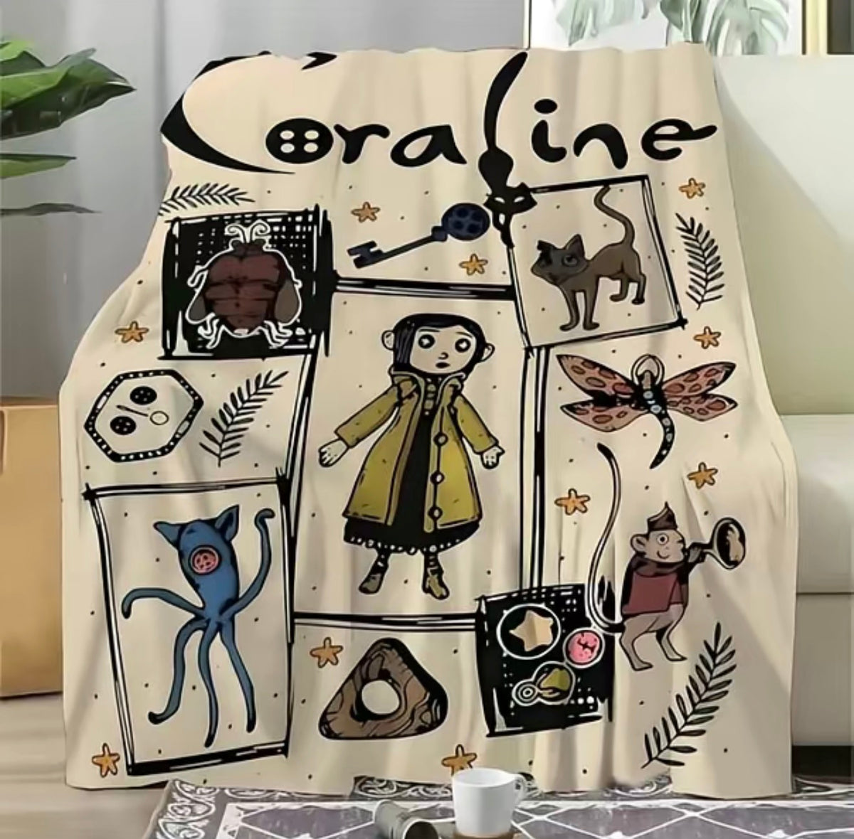 Coraline Cartoon Fantasy Girl Black Cat Flannel Blanket