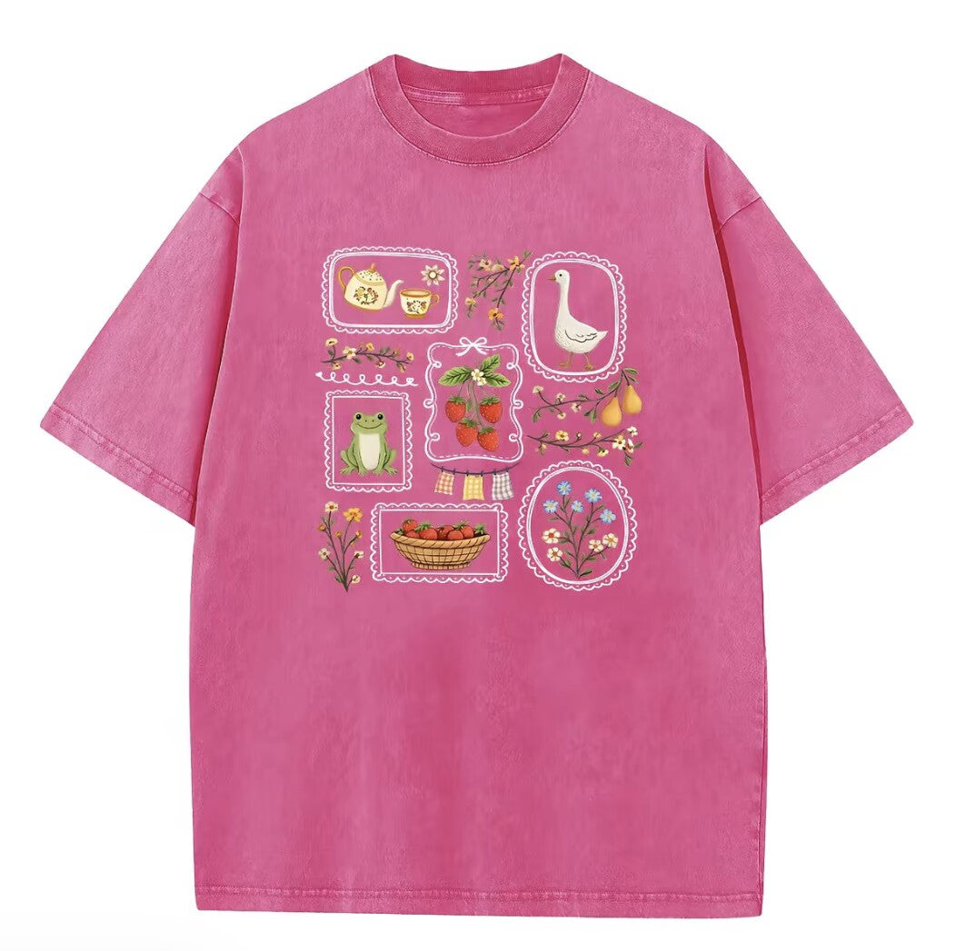 Cute Frog Goose Strawberry Garden Stamp Vintage Washed Graphic T-Shirt/Sweatshirt/Hoodie