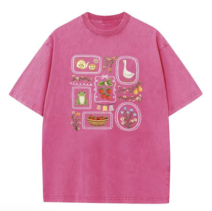 Cute Frog Goose Strawberry Garden Stamp Vintage Washed Graphic T-Shirt/Sweatshirt/Hoodie
