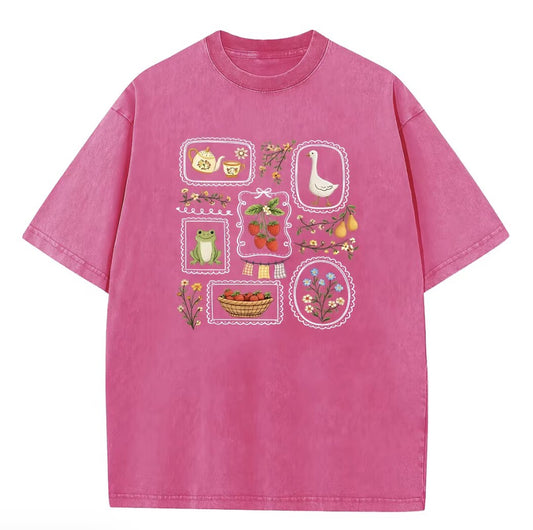 Cute Frog Goose Strawberry Garden Stamp Vintage Washed Graphic T-Shirt/Sweatshirt/Hoodie
