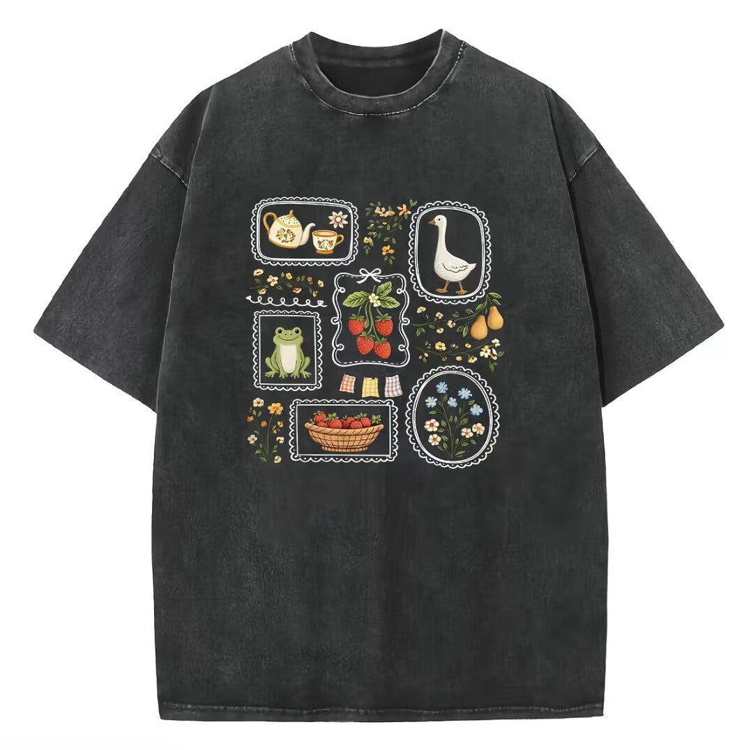 Cute Frog Goose Strawberry Garden Stamp Vintage Washed Graphic T-Shirt/Sweatshirt/Hoodie