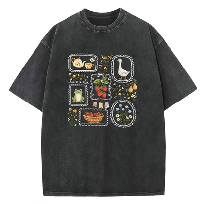 Cute Frog Goose Strawberry Garden Stamp Vintage Washed Graphic T-Shirt/Sweatshirt/Hoodie