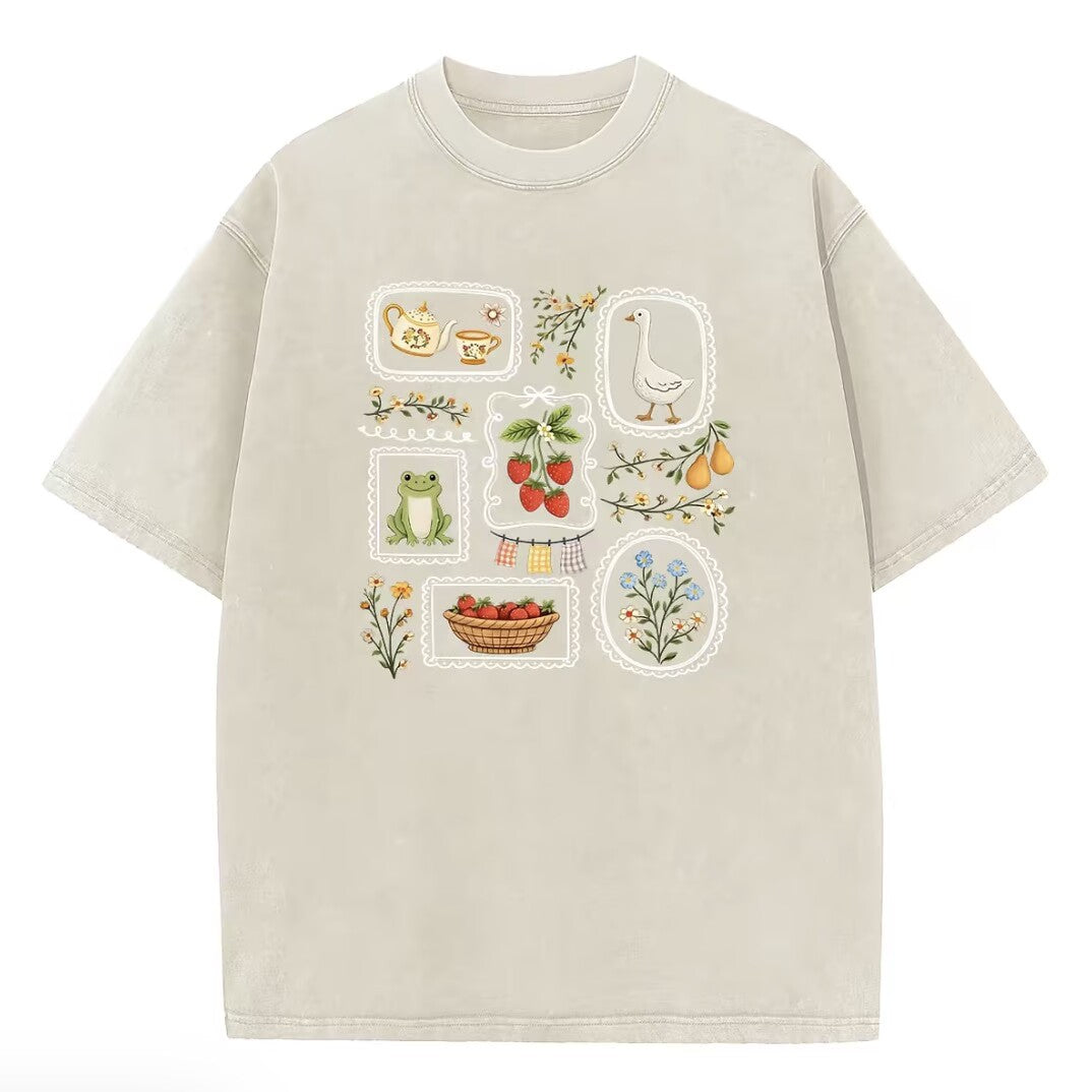 Cute Frog Goose Strawberry Garden Stamp Vintage Washed Graphic T-Shirt/Sweatshirt/Hoodie