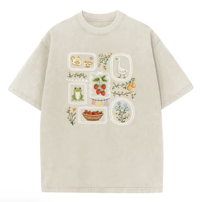 Cute Frog Goose Strawberry Garden Stamp Vintage Washed Graphic T-Shirt/Sweatshirt/Hoodie