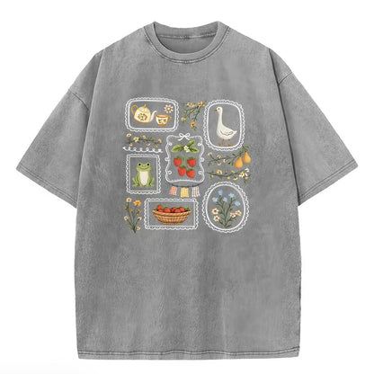 Cute Frog Goose Strawberry Garden Stamp Vintage Washed Graphic T-Shirt/Sweatshirt/Hoodie