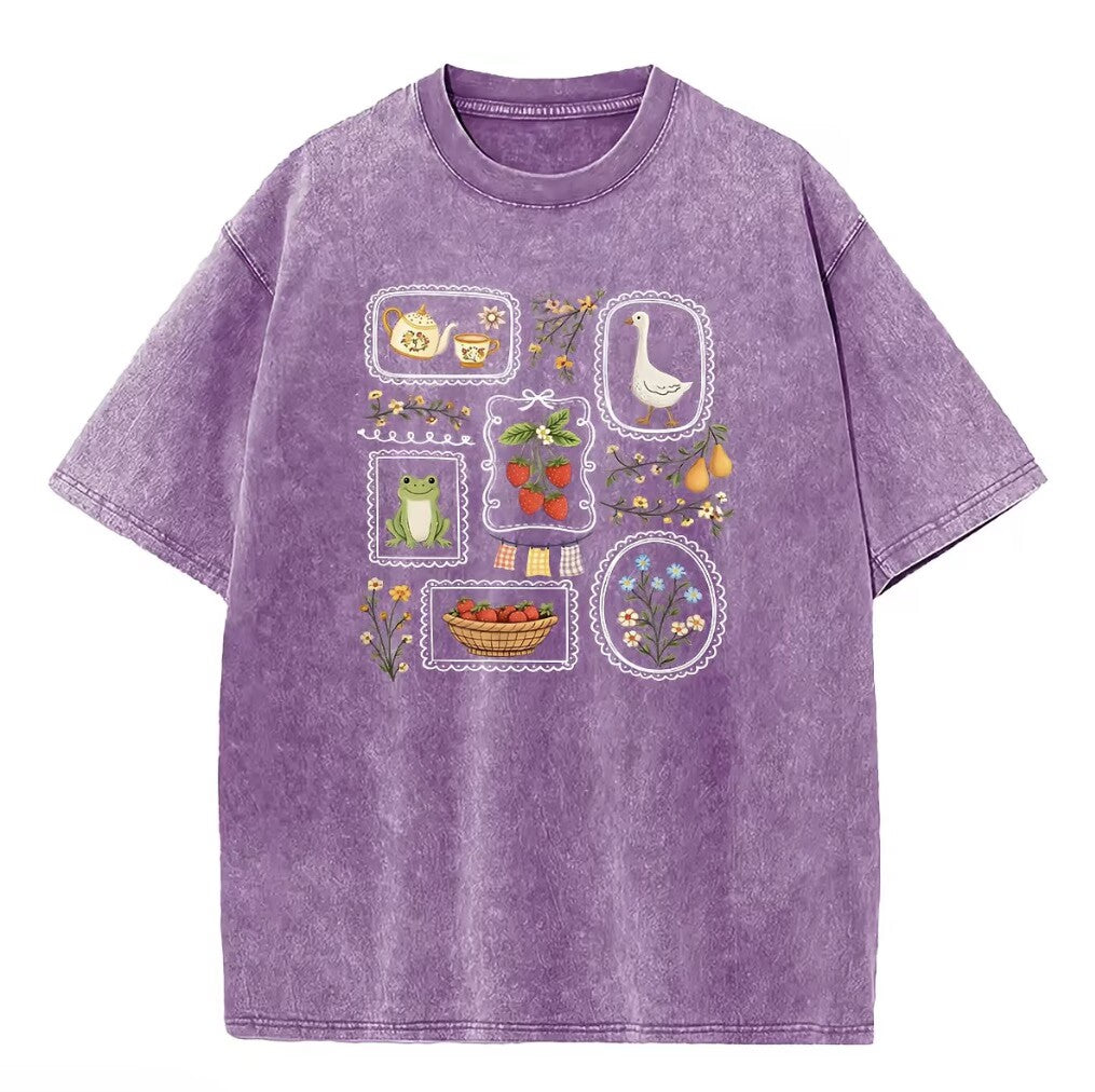 Cute Frog Goose Strawberry Garden Stamp Vintage Washed Graphic T-Shirt/Sweatshirt/Hoodie