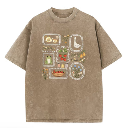 Cute Frog Goose Strawberry Garden Stamp Vintage Washed Graphic T-Shirt/Sweatshirt/Hoodie