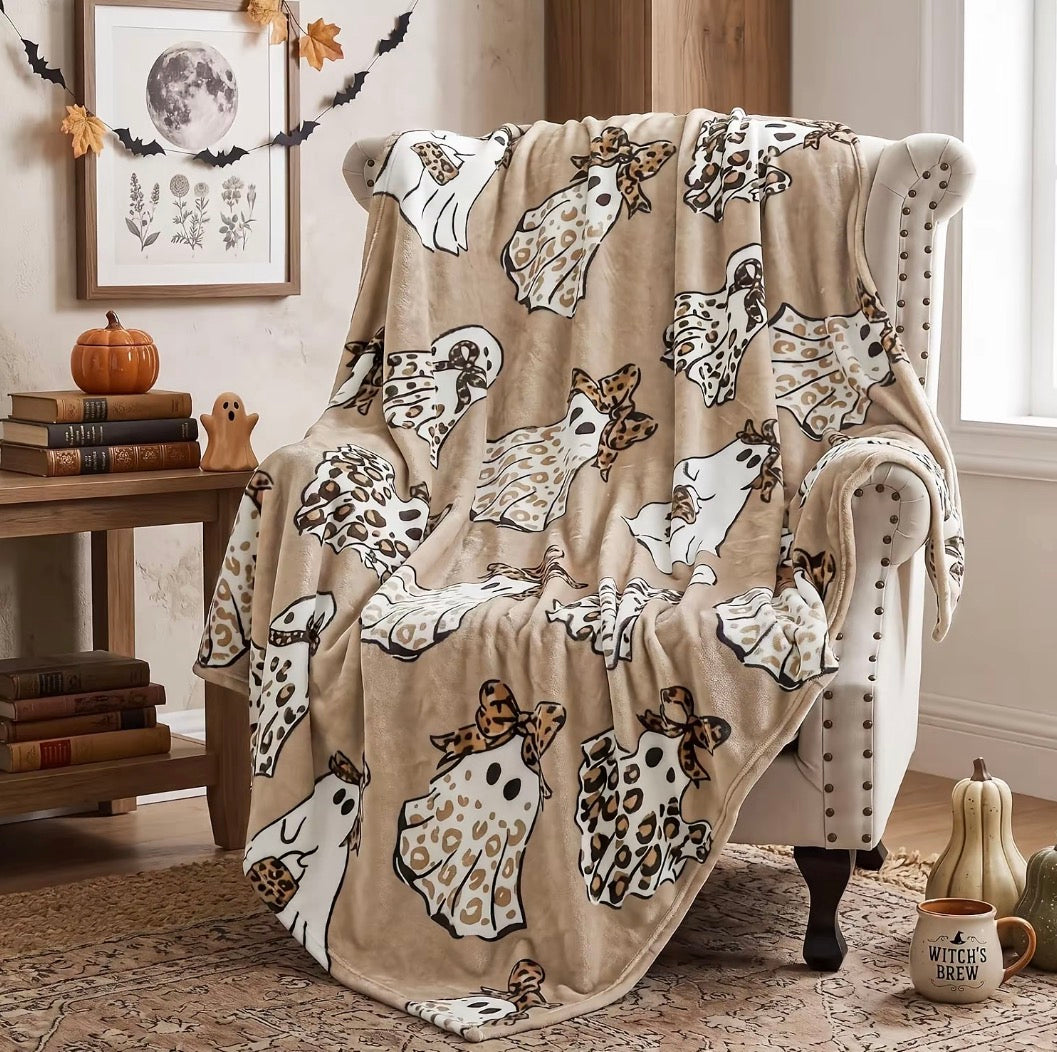 Halloween Cheetah Ghost Brown Leopard Flannel Blanket