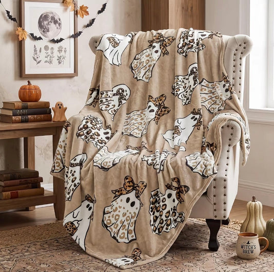 Halloween Cheetah Ghost Brown Leopard Flannel Blanket