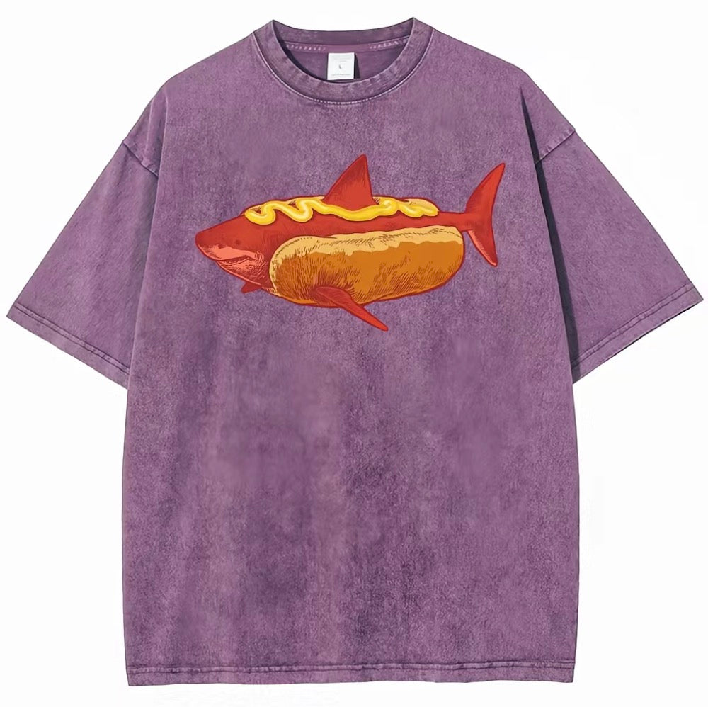 Shark Hotdog Funny Food Meme Washed T-Shirt/Sweatshirt/Hoodie